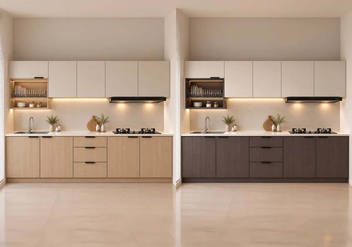 Built-in kitchen cabinet in light and dark wood finishes