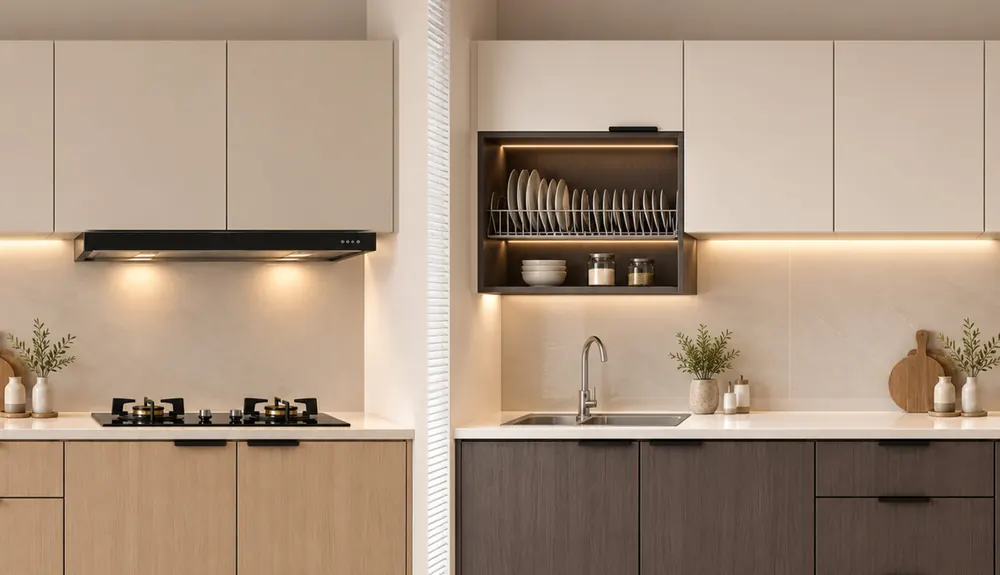 Built-in kitchen cabinet in light and dark wood finishes