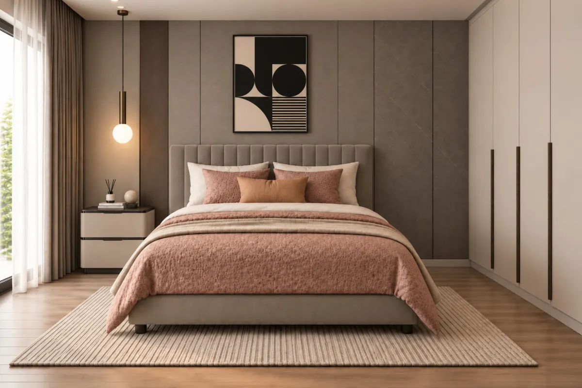 Bedroom with a queen bed, side table and built-in wardrobe