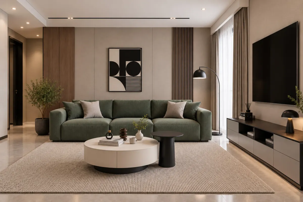 Living room furnished with a sofa, coffee table and TV console