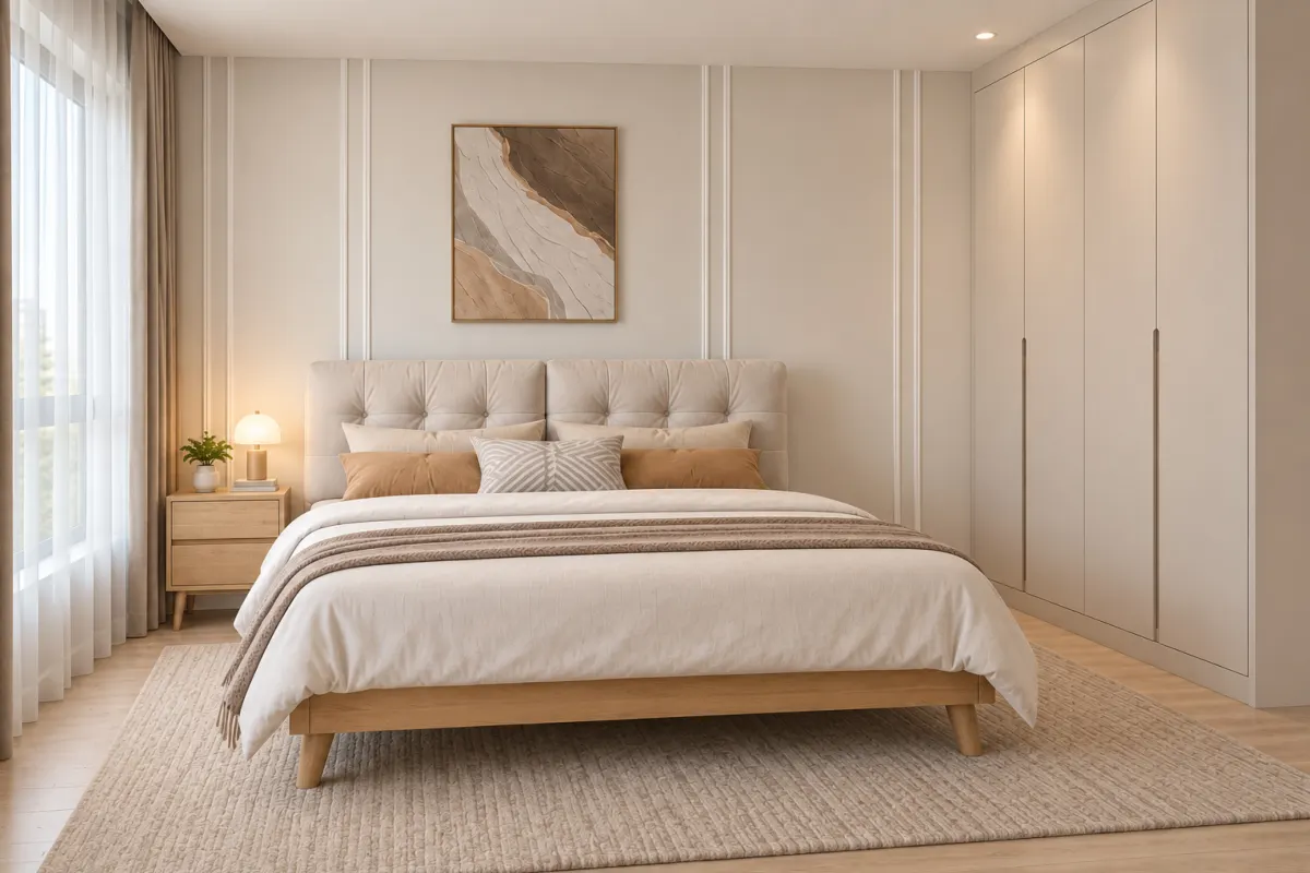 Bedroom with a queen bed, side table and built-in wardrobe