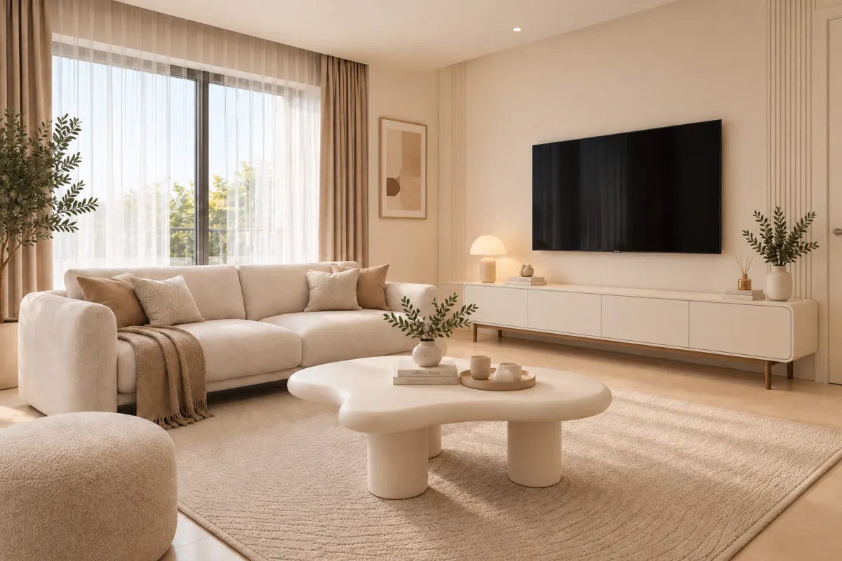 Living room furnished with a sofa, coffee table and TV console