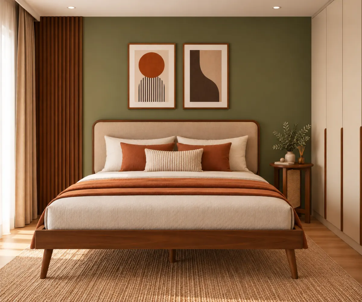 Bedroom with a queen bed, side table and built-in wardrobe
