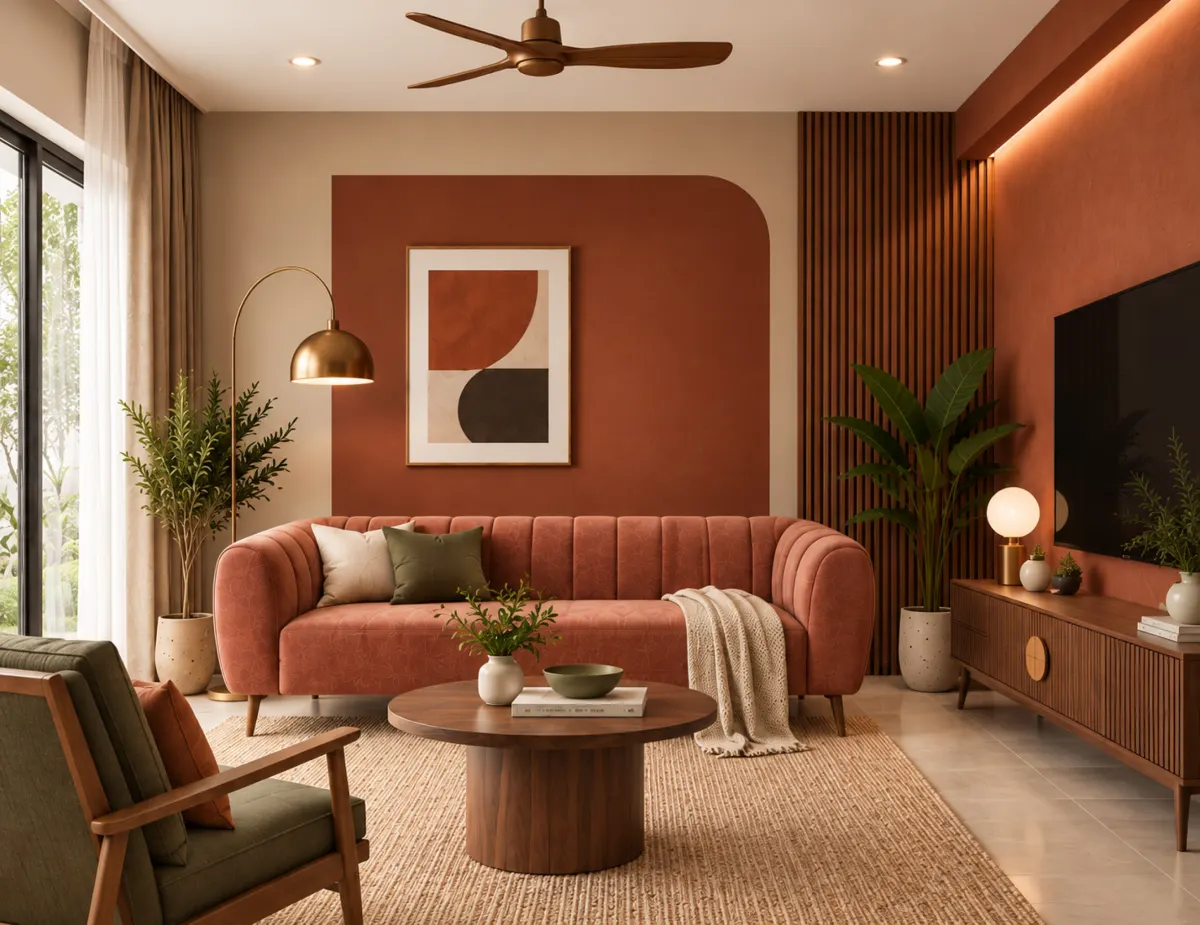 Living room furnished with a sofa, coffee table and TV console